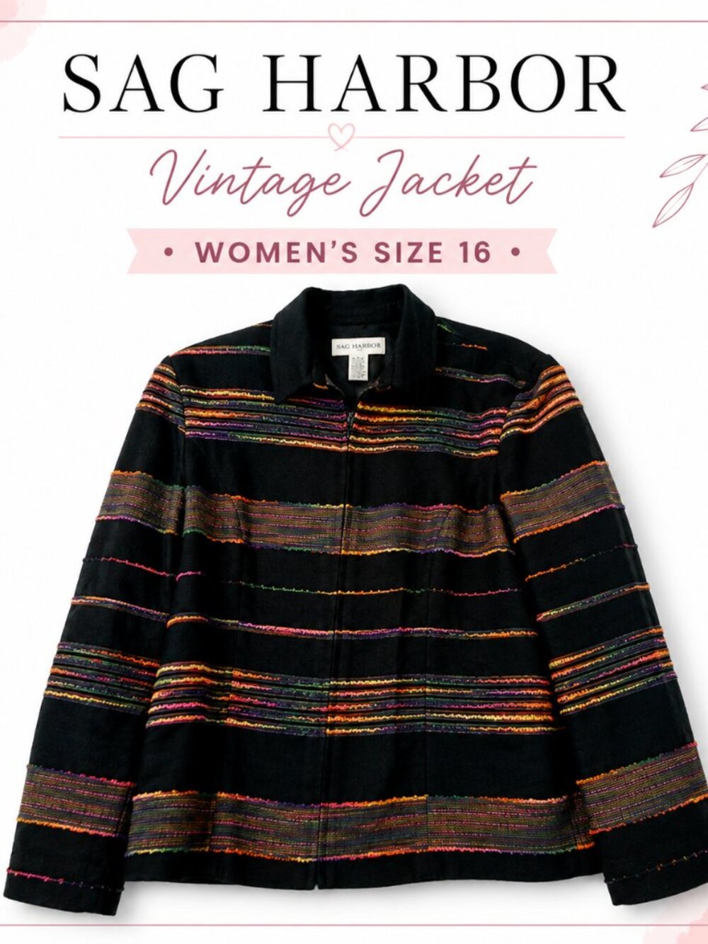 Vintage Sag Harbor Women’s Jacket Size 16 Black Textured Stripe Zip Front Blazer